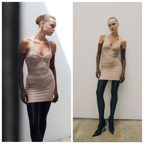 New Hervé Léger The Lily Bandage Sweetheart Bodycon Dune Mini Dress Large NWT - Picture 1 of 17
